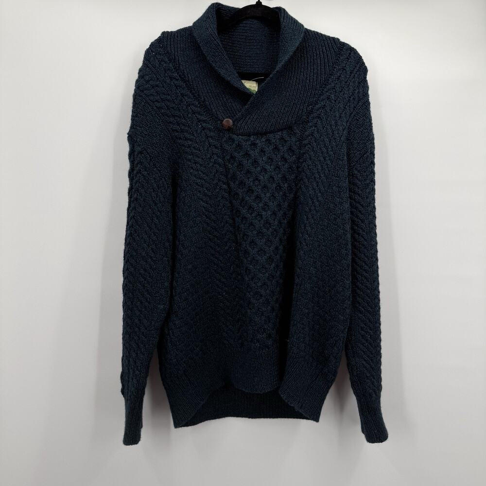 Shades Of Aran Sweater Mens Large Teal Shawl Collar Chunky‎ Cable Merino Wool